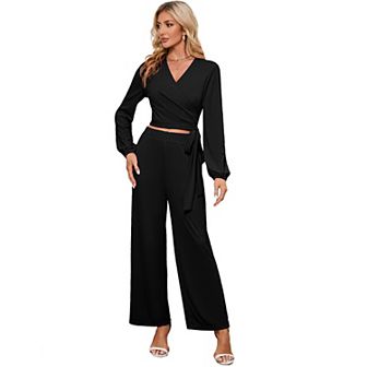 Womens Textured Co-ord Sets Tie Front Side Crop Tops With Palazzo Pants Knot Trousers Lounge Sets