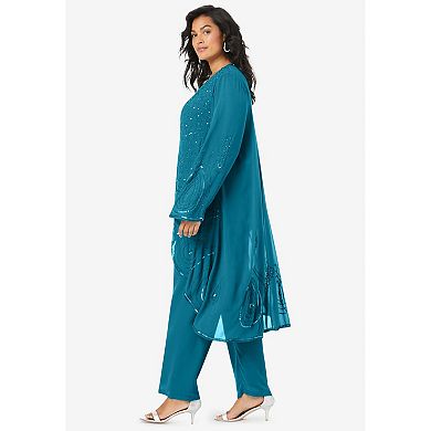 Roaman's Women's Plus Size Beaded Georgette Scoop Neck 3-Piece Pant Set