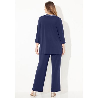 Catherines Women's Plus Size Beaded 3-Piece Cardigan Pant Set