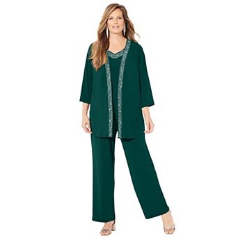Catherines Women's Plus Size Beaded 3 pc Cardigan Pant Set