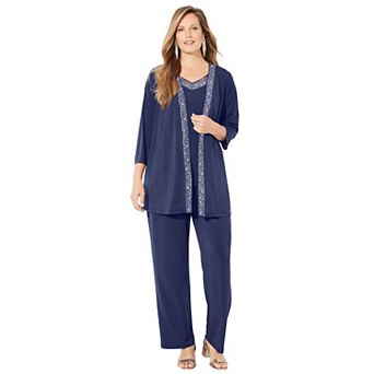 Catherines Women's Plus Size Beaded 3 pc Cardigan Pant Set