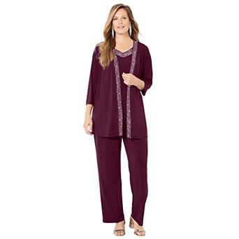 Catherines Women's Plus Size Beaded 3 pc Cardigan Pant Set