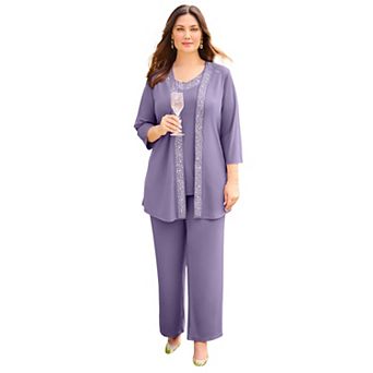 Catherines Women's Plus Size Beaded 3 pc Cardigan Pant Suit