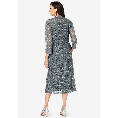 Roaman's Women's Plus Size 3/4 Sleeve Formal Duster Sequin Embellished Lace Dress Set