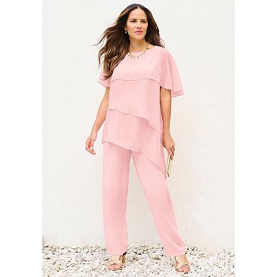 Roaman's Women's Plus Size Plus-Size 2 Piece Tierred Ruffle Top And Pant Set