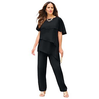 Roaman's Women's Plus Size Tiered Short Sleeve Pant Set