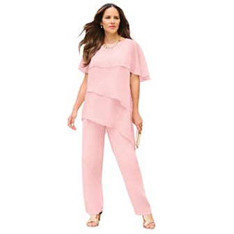 Roaman's Women's Plus Size Tiered Short Sleeve Pant Set