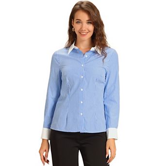 Striped Blouse Top for Women's Colorblock Long Sleeve Collared Button Down Shirt