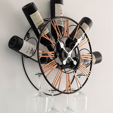 Vintiquewise Wall-Mounted Clock Design Wine Holder with Stemware Rack