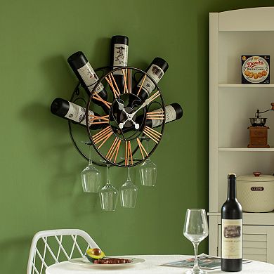 Vintiquewise Wall-Mounted Clock Design Wine Holder with Stemware Rack