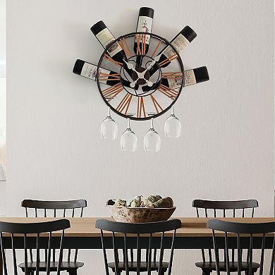 Vintiquewise Wall-Mounted Clock Design Wine Holder with Stemware Rack