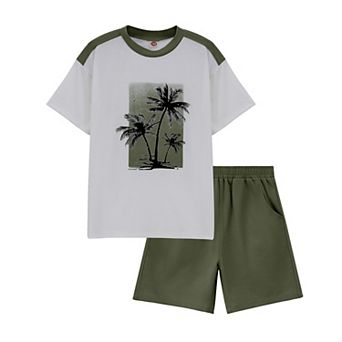 Boy Shorts Sets Hawaiian Outfit Kid Leaves Floral Short Sleeve Shirt Top+shorts Suits