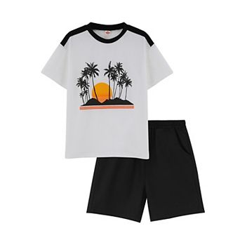 Boy Shorts Sets Hawaiian Outfit Kid Leaves Floral Short Sleeve Shirt Top+shorts Suits