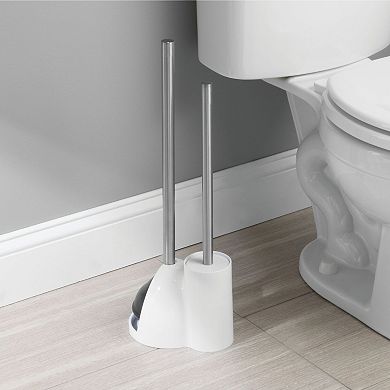 iDesign Toilet Bowl Brush and Plunger Set for Bathroom Storage - White/Brushed Stainless Steel