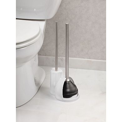 iDesign Toilet Bowl Brush and Plunger Set for Bathroom Storage - White/Brushed Stainless Steel