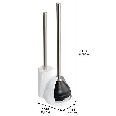 iDesign Toilet Bowl Brush and Plunger Set for Bathroom Storage - White/Brushed Stainless Steel