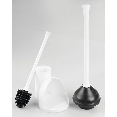 iDesign Compact Toilet Brush and Plunger Set for Bathroom Cleaning and Storage - White