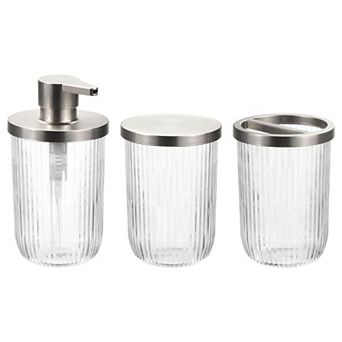 iDesign 3 pc Fluted Glass Bathroom Accessory Set - Clear/Brushed Nickel