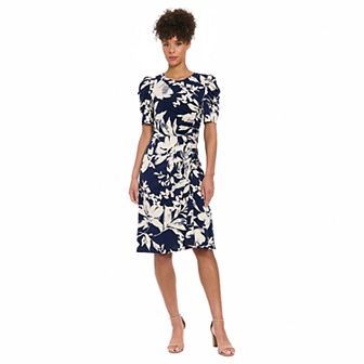 Women's London Times Puff Draped Sleeve Ruched Midi Dress