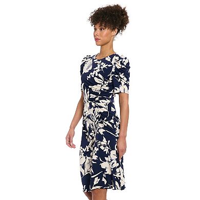 Women's London Times Puff Draped Sleeve Ruched Midi Dress