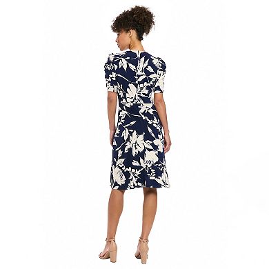 Women's London Times Puff Draped Sleeve Ruched Midi Dress