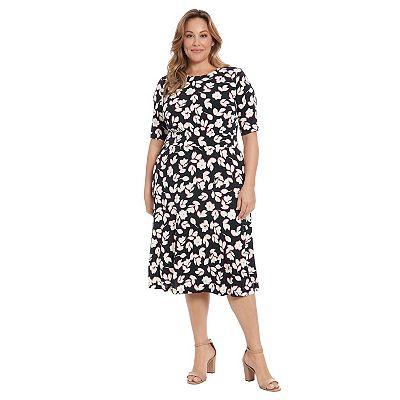 Plus Size London Times Elbow Sleeve Inset Waist Midi Dress, Women's, Size: 20 W, Black Fuchsia