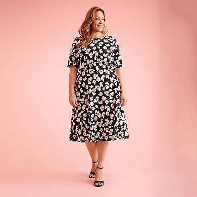 Plus Size London Times Elbow Sleeve Inset Waist Midi Dress