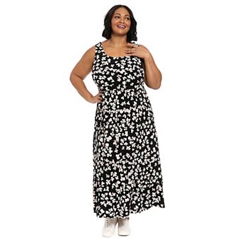 Plus Size London Times Scoop Neck Inset Waist Maxi Flounce Hem Dress