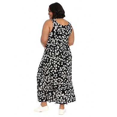 Plus Size London Times Scoop Neck Inset Waist Maxi Flounce Hem Dress
