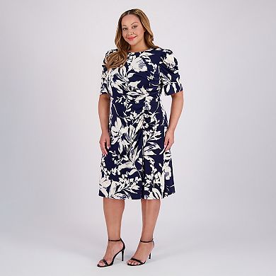 Plus Size London Times Puff Draped Sleeve Ruched Midi Dress