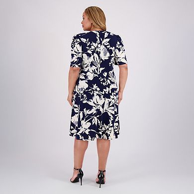Plus Size London Times Puff Draped Sleeve Ruched Midi Dress