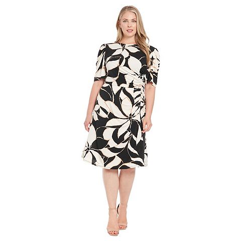 Женские платья London Plus Size London Times Puff Draped Sleeve Ruched Midi Dress