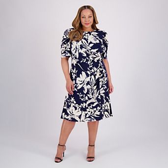 Plus Size London Times Puff Draped Sleeve Ruched Midi Dress