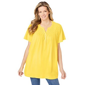 Woman Within Plus Size Smocked Split Neck Tunic