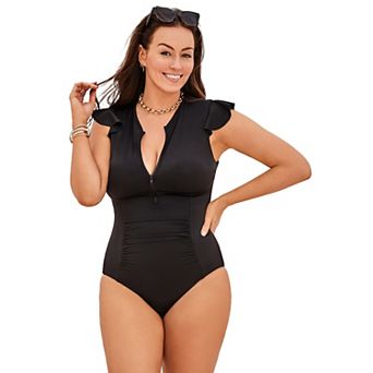 Swimsuits for All Women's High Neck Zipper Cap Sleeve One Piece Swimsuit