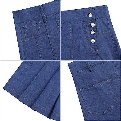 Girls Casual Denim Skirt Midi Pleated Buttons A-Line Over-Knee with Pocket 3-12Years