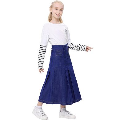 Girls Casual Denim Skirt Midi Pleated Buttons A-Line Over-Knee with Pocket 3-12Years