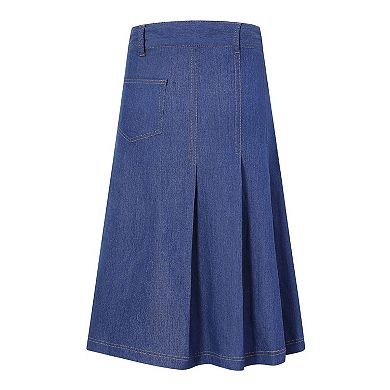 Girls Casual Denim Skirt Midi Pleated Buttons A-Line Over-Knee with Pocket 3-12Years