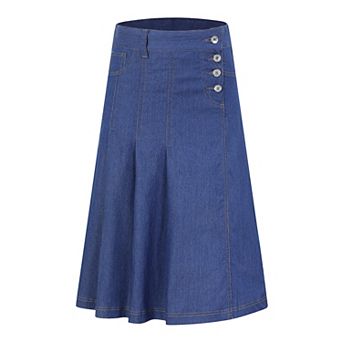 Girls Casual Denim Skirt Midi Pleated Buttons A-Line Over-Knee with Pocket 3-12Years