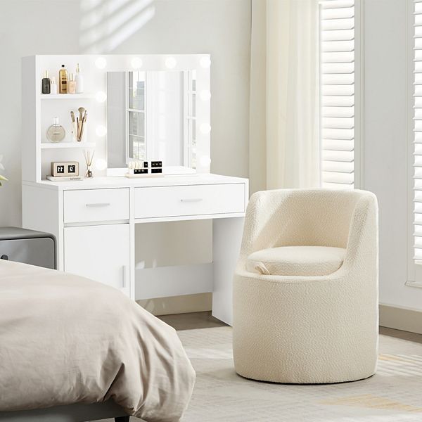 SERWALL Boucle Make-Up/Vanity Stool, Hiden Storage Space & Stylish Appearance - Light Cream