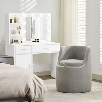 Modern Upholstered Boucle Barrel Chair, Vanity Stool With Hiden Storage Space