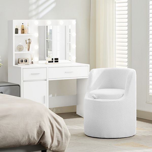 Boucle Make-Up/Vanity Stool, Hiden Storage Space & Stylish Appearance - White
