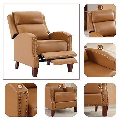 SERWALL Genuine Leather Pushback Recliner with Multi-Angle Seat Back and Solid Wood Legs