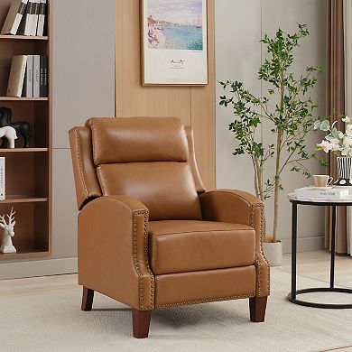 SERWALL Genuine Leather Pushback Recliner with Multi-Angle Seat Back and Solid Wood Legs