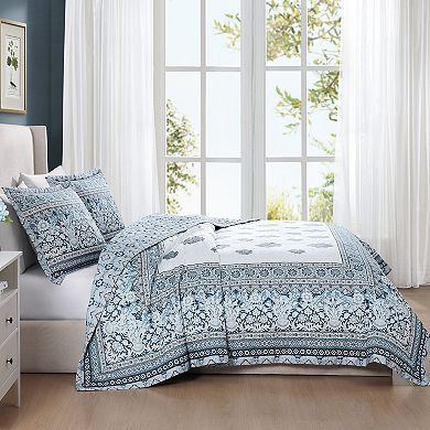 Bebejan Aquamarine Medallion 3 Piece Reversible Quilted Coverlet Set
