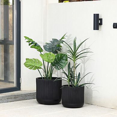 LuxenHome 14.8-Inch Round Black Stripes MgO Planter