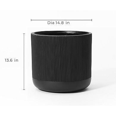 LuxenHome 14.8-Inch Round Black Stripes MgO Planter