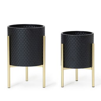 LuxenHome 2 pc Diamond Pattern Round Metal Cachepot Planter Set, Black with Gold Stands