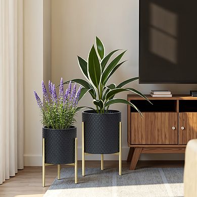 LuxenHome 2-Piece Diamond Pattern Round Metal Cachepot Planter Set, Black with Gold Stands