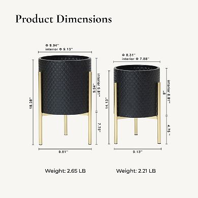 LuxenHome 2-Piece Diamond Pattern Round Metal Cachepot Planter Set, Black with Gold Stands